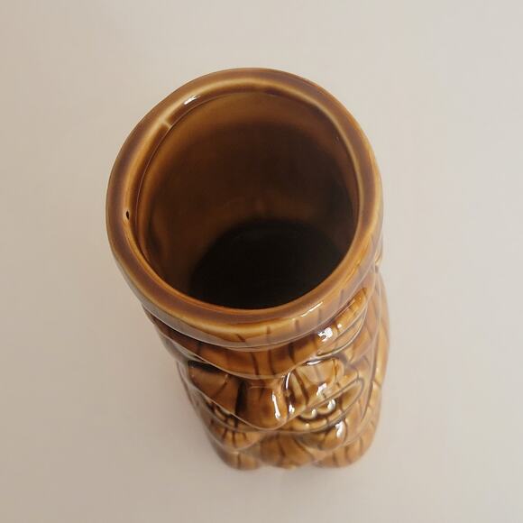 Hawaiian Polynesian Tiki Mug Cup Vase Brown Barware Glazed 6.25" tall - Picture 5 of 10
